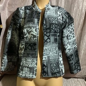 Christopher & Banks Blazer Jacket Zip Up Black Gray Floral Scrolls M Long Sleeve